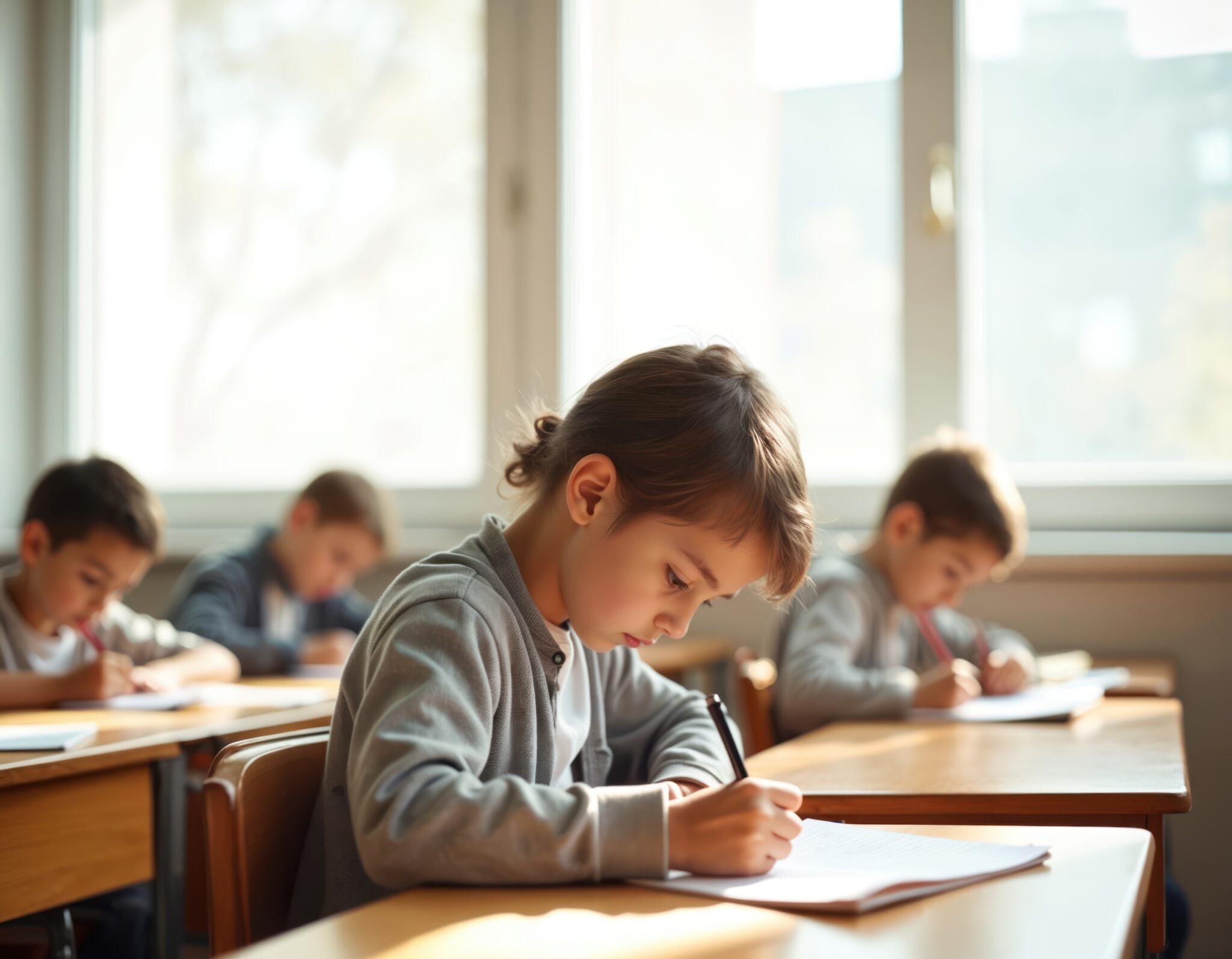 Children Writing In Classroom. Focused Students Taking Exams. Young Students At Desks During Lessons, Learning. Education, Growth, Child Development, Cognition. Notebooks, Pens, Test Notes At Middle Children Writing In Classroom. Focused Students Taking Exams. Young Students At Desks During Lessons, Learning. Education, Growth, Child Development, Cognition. Notebooks, Pens, Test Notes At Middle
