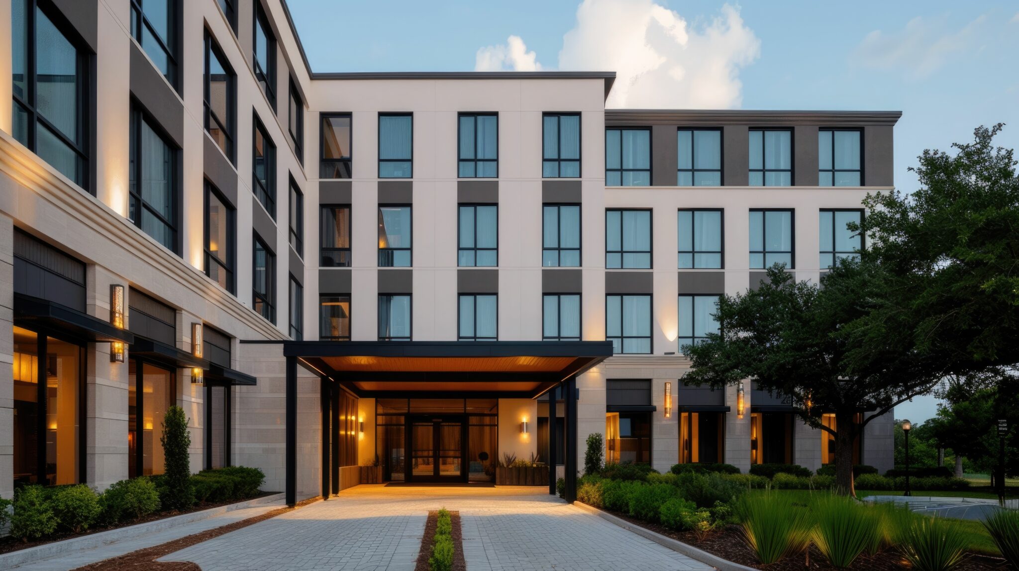 This Image Showcases The Impressive Architecture And Design Of A Modern Hotel Building The High Rise Structure Features A Sleek Contemporary Facade With Extensive Glass Windows And A Stylish